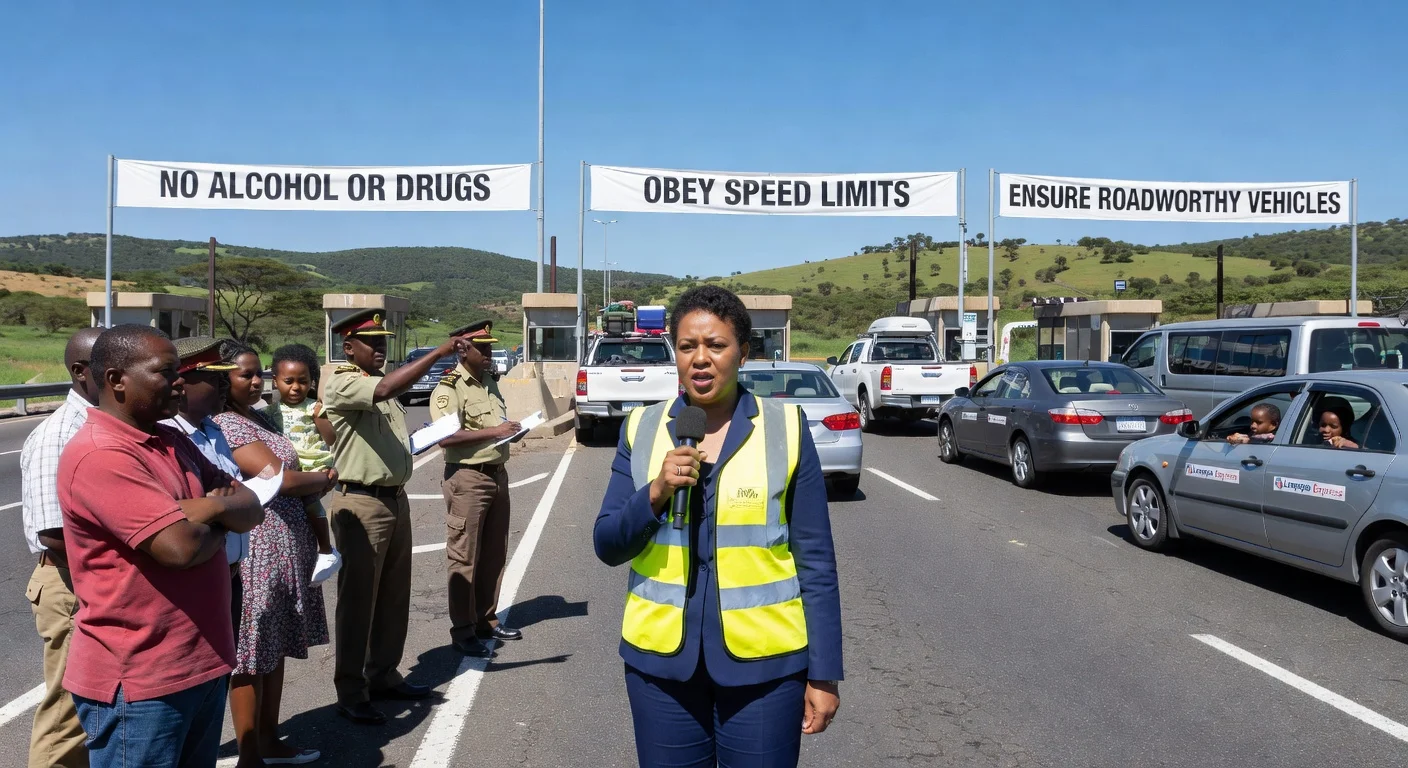 Transport Minister Barbara Creecy at N1 Kranskop tollgate urging Easter road safety amid heavy traffic.