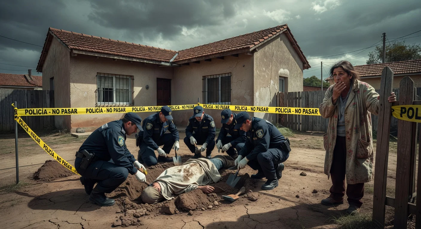 Police excavating the buried body of singer Tito in a Morón house patio.