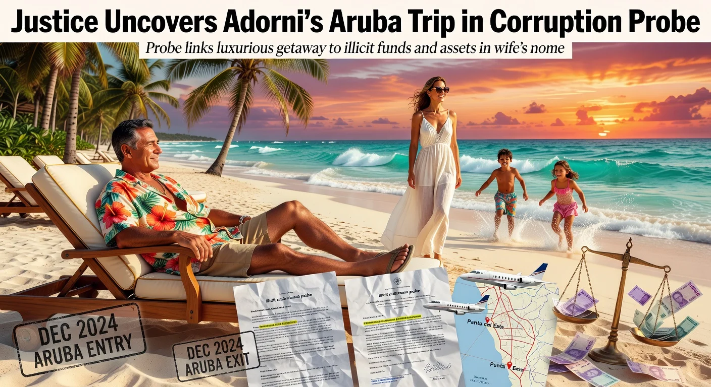 Illustrative photo of Argentine official Manuel Adorni vacationing in Aruba with family, overlaid with evidence from illicit enrichment investigation.