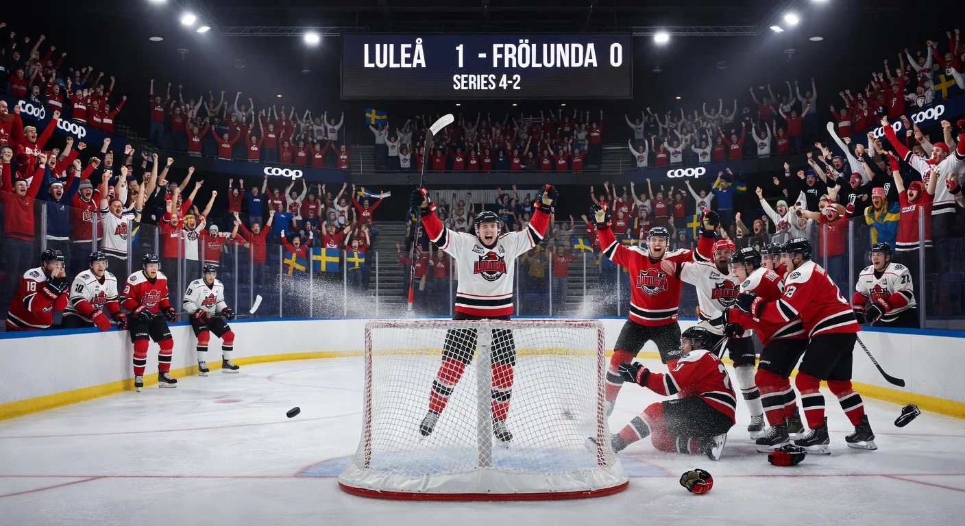Luleå players celebrate 1-0 shutout win over Frölunda in SHL quarterfinals, advancing to semifinals.