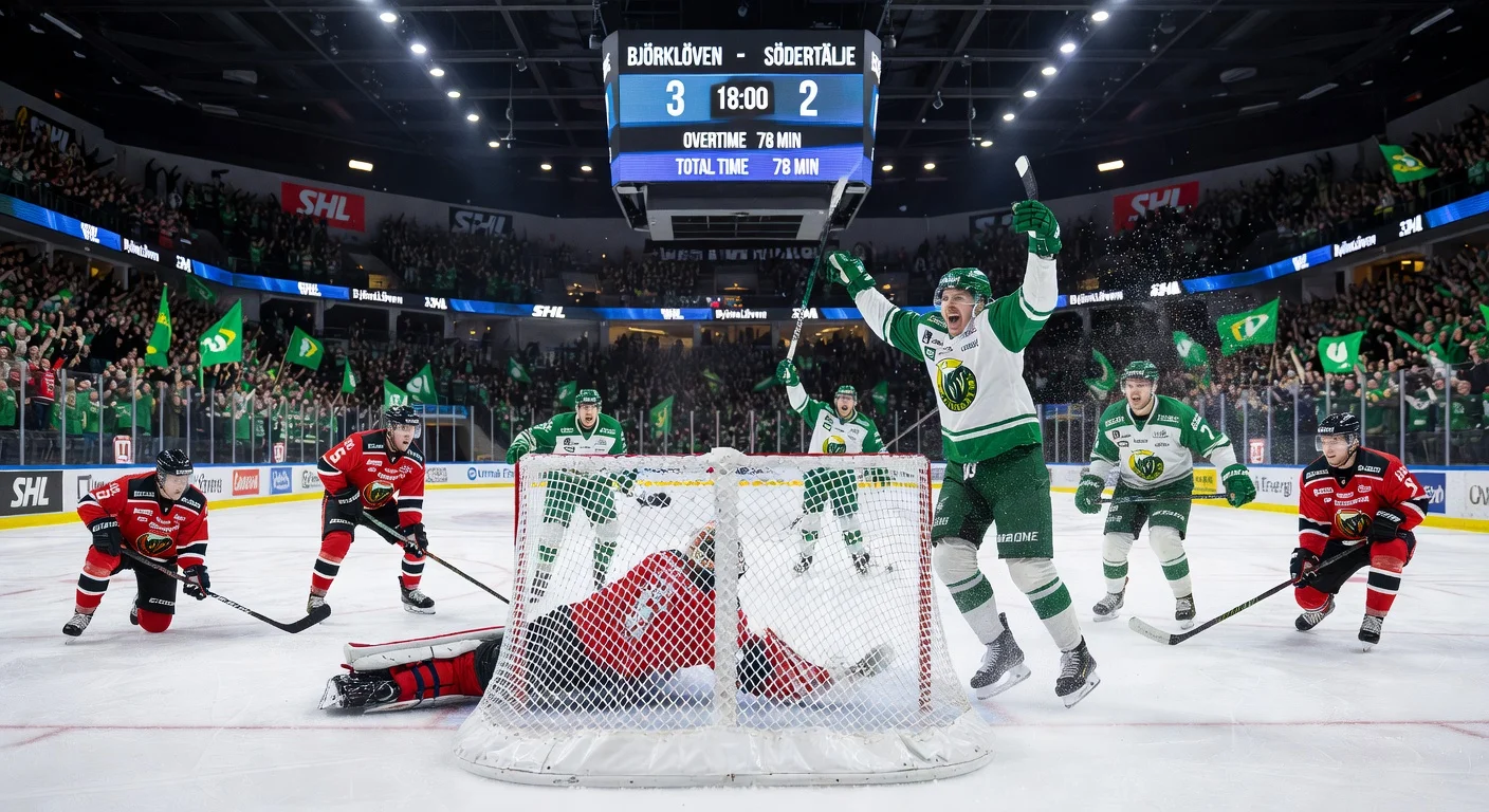 Björklöven's Mathew Maione celebrates overtime game-winning goal against Södertälje in SHL playoff semifinal, securing 2-0 series lead.