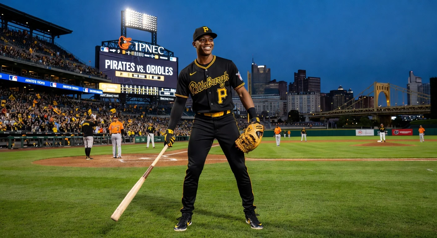 Pittsburgh Pirates top prospect Konnor Griffin in Pirates uniform on the field at PNC Park for his MLB debut against the Orioles.