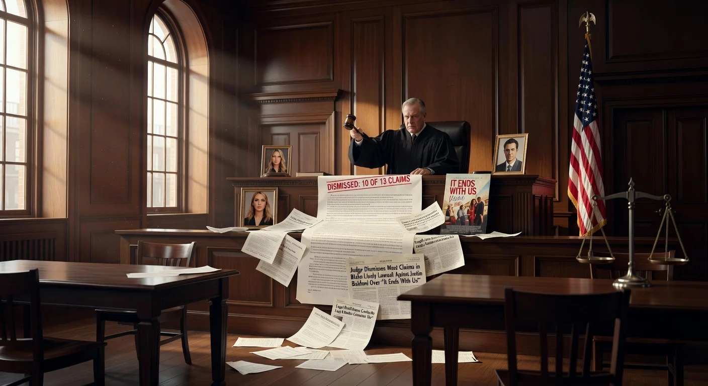 Dramatic courtroom illustration depicting Judge Lewis Liman dismissing most claims in Blake Lively's lawsuit against Justin Baldoni, with legal documents and celebrity portraits.