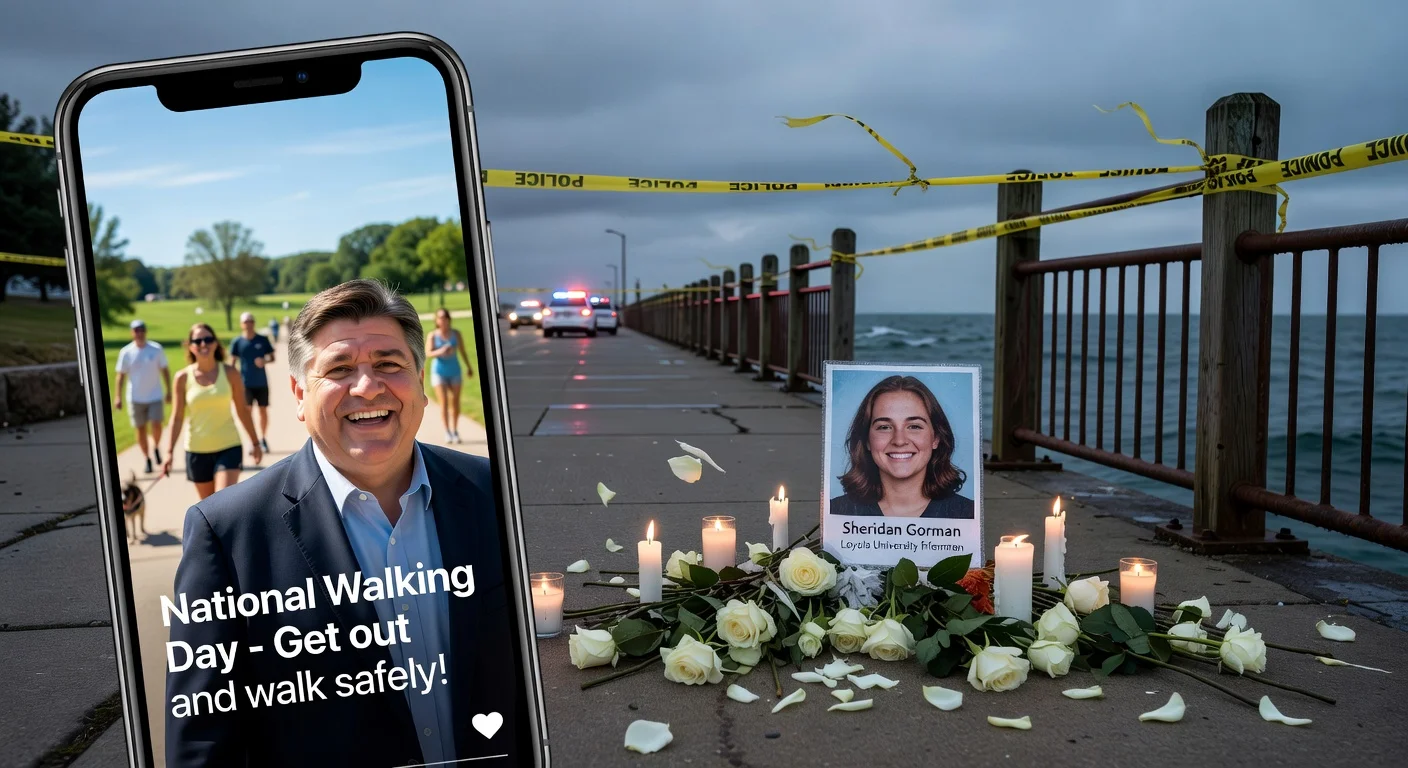 Illustration contrasting Gov. Pritzker's cheerful National Walking Day post with a memorial at the Chicago lakefront site where Loyola freshman Sheridan Gorman was fatally shot.
