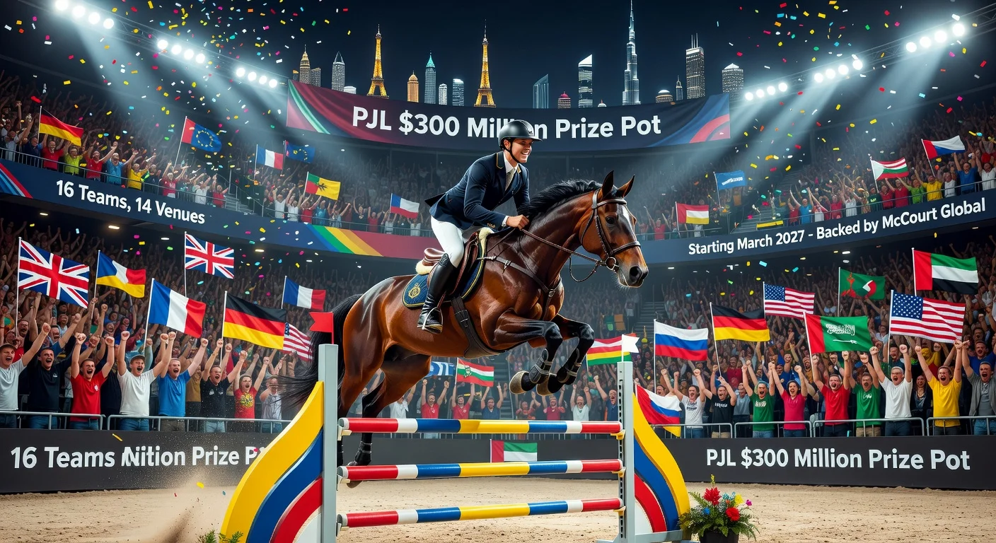 Dynamic showjumping action shot of horse and rider mid-jump in the Premier Jumping League arena, with $300M prize pot launch banners and international crowds.