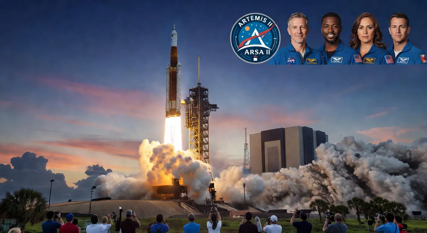 Dramatic liftoff of NASA's SLS rocket carrying Artemis II astronauts on the first crewed lunar flyby mission in over 50 years.