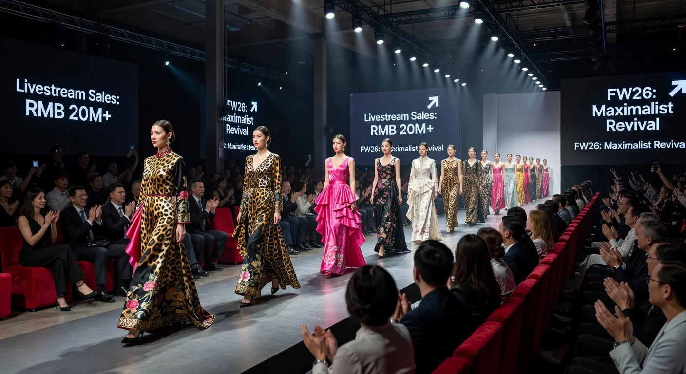 Realistic image of Shanghai Fashion Week FW26 runway with models in animal prints and pinks, celebrating strong sales and feminine trends.