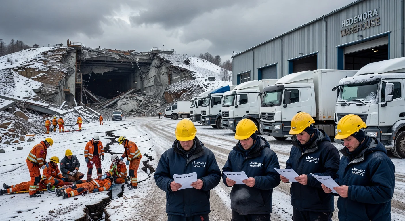 Illustration of layoffs at Hedemora logistics firm amid Garpenberg mine production halt.