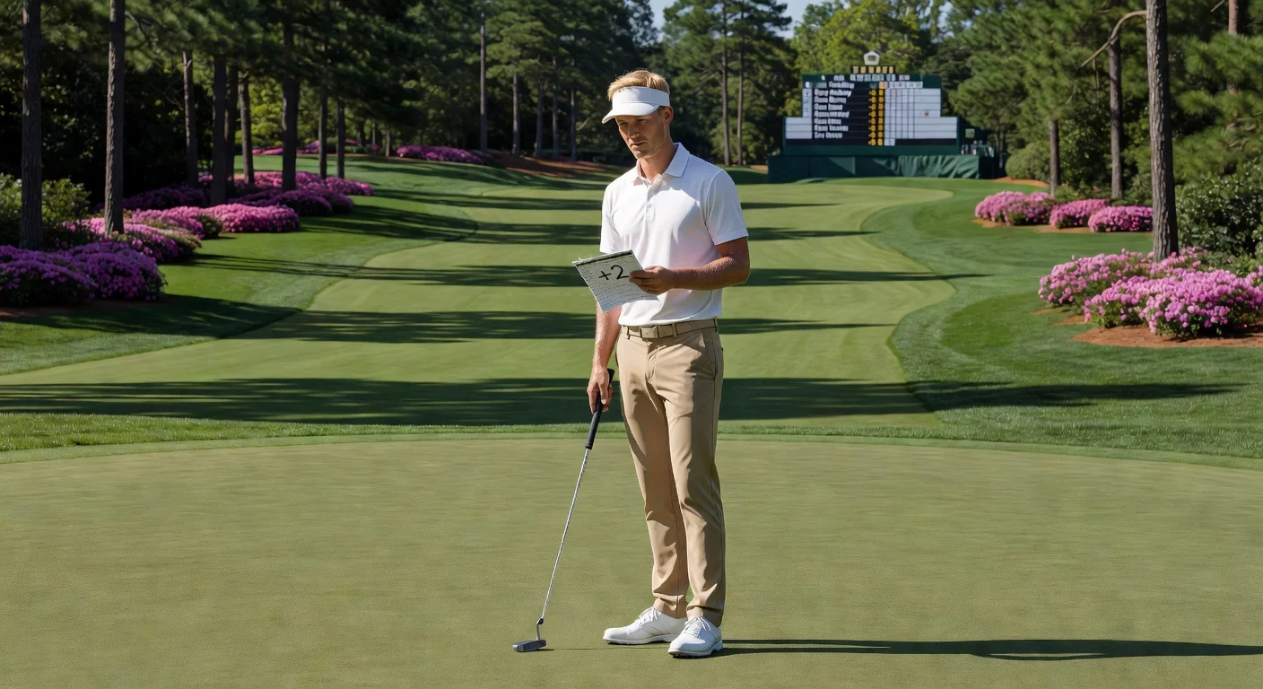 Ludvig Åberg appears dejected on the green after double bogeys at the US Masters, Augusta National's iconic landscape and leaderboard in view.