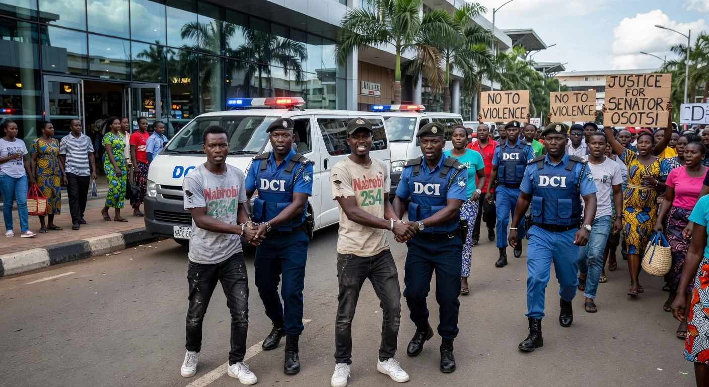 DCI police arresting three suspects outside Java House in Kisumu after attack on Vihiga Senator Godfrey Osotsi amid protesting crowd.
