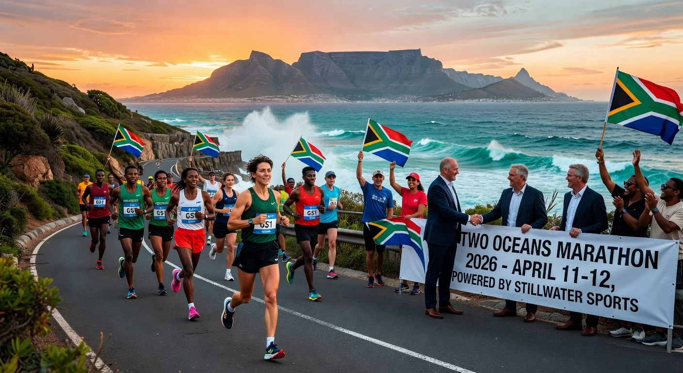 Gerda Steyn leads runners on Cape Town's coastal marathon route as organizers shake hands, symbolizing trust restored for Two Oceans Marathon 2026.