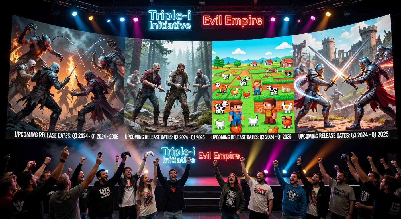 Illustration of the Triple-i Initiative indie game showcase featuring trailers for Castlevania: Belmont's Curse and other titles amid an excited crowd.