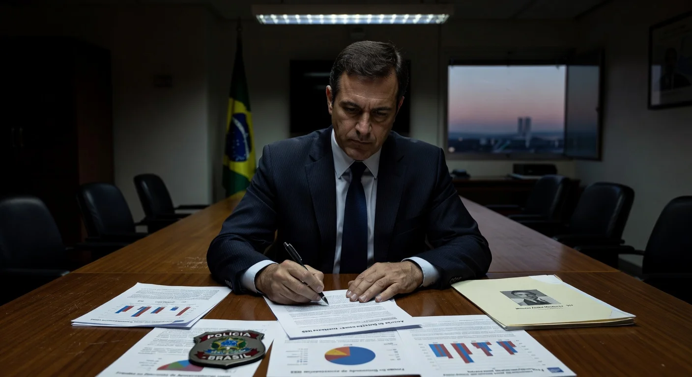 Illustration of businessman Maurício Camisotti signing plea deal with Federal Police in INSS fraud case.