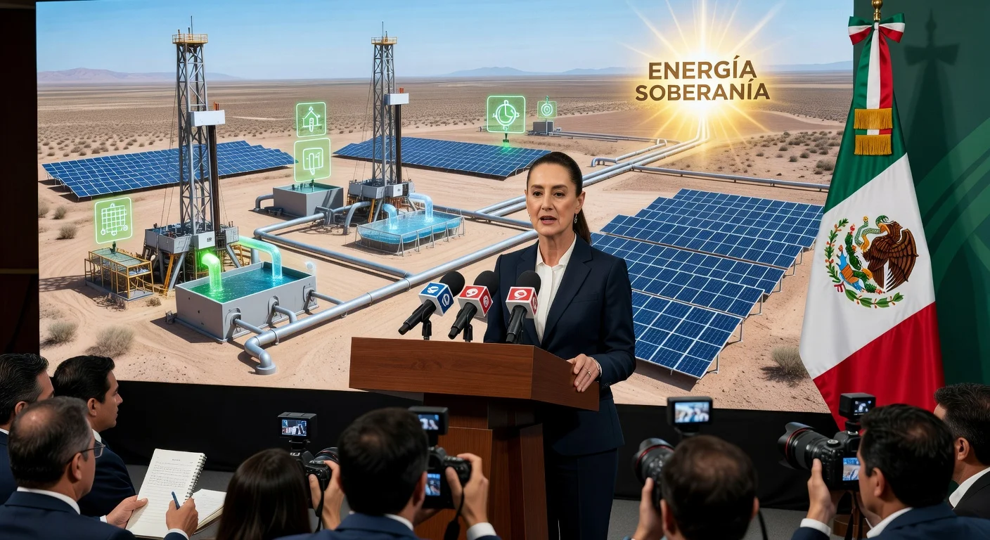 President Claudia Sheinbaum announces sustainable fracking initiative at press conference, screen showing eco-friendly rigs.