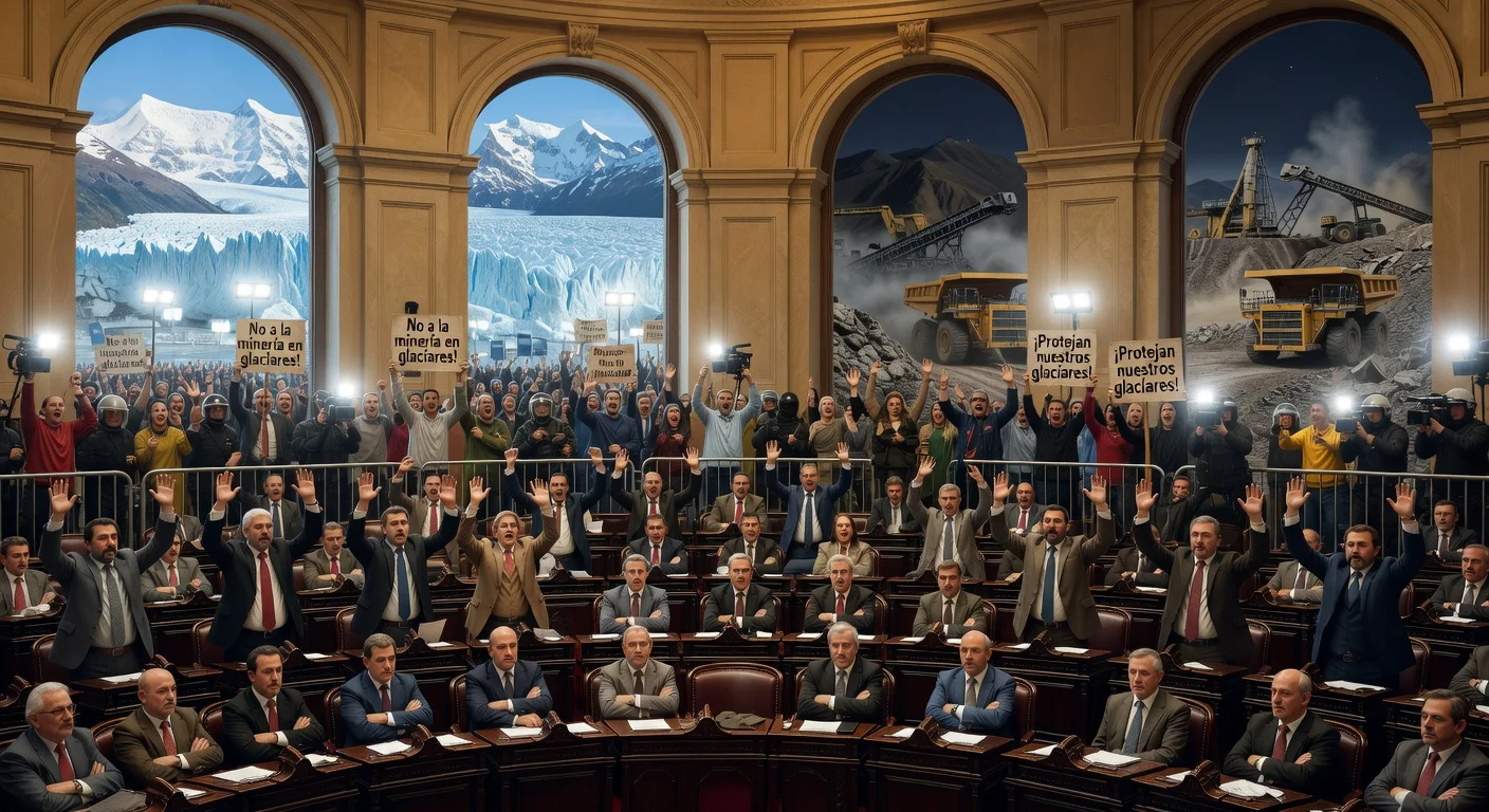 Argentine deputies approving controversial glaciers law reform amid protests and mining threat to protected areas.