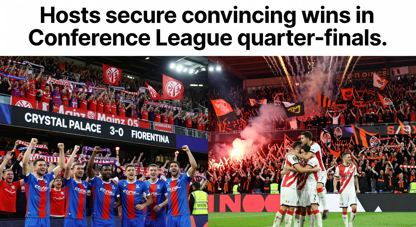 Composite photo of fans and players celebrating home shutout victories in UEFA Conference League quarter-finals: Crystal Palace, Rayo Vallecano, Mainz, and Shakhtar Donetsk.