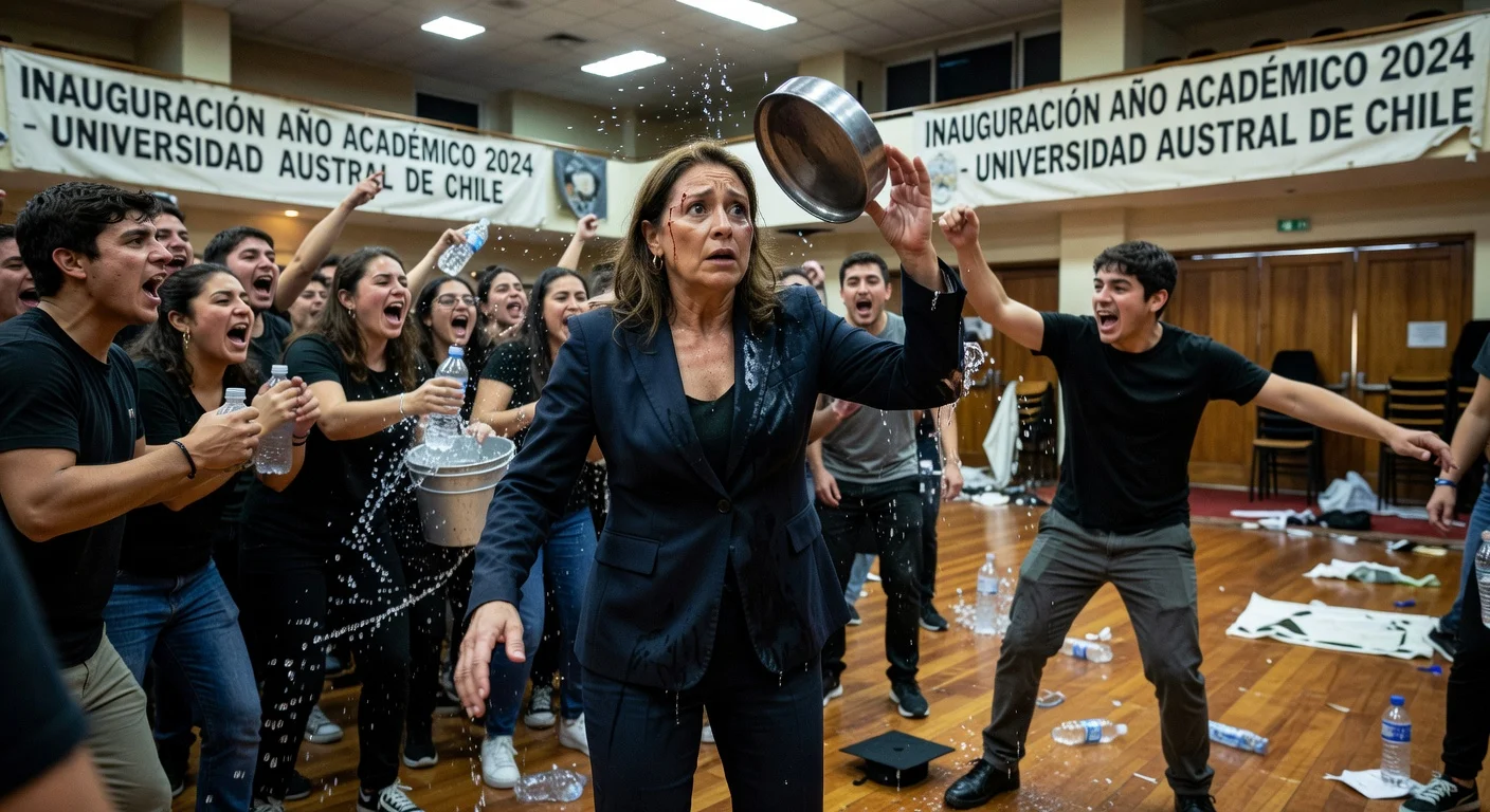 Science Minister Ximena Lincolao injured and trapped by student protesters throwing objects during university event in Chile.