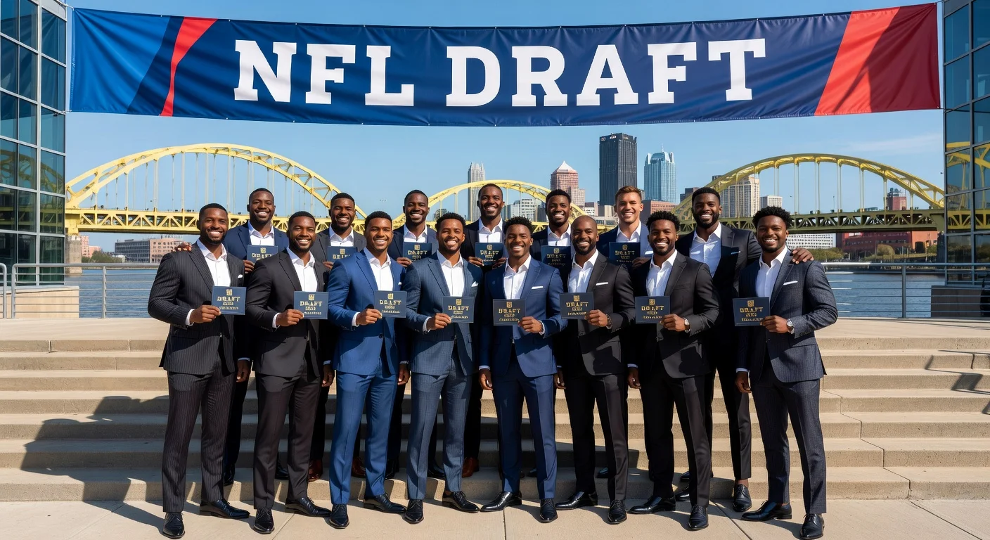 Group of 16 NFL prospects invited to the 2026 Draft in Pittsburgh, posed at Acrisure Stadium with city skyline.