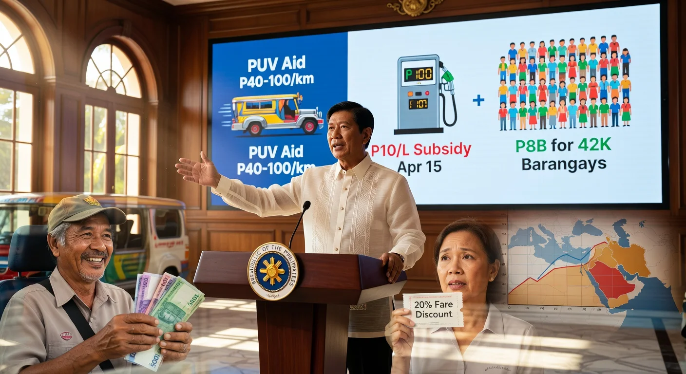 President Marcos Jr. announcing PUV aid, fuel subsidies, and barangay support to counter Middle East crisis impacts on fuel prices and livelihoods.