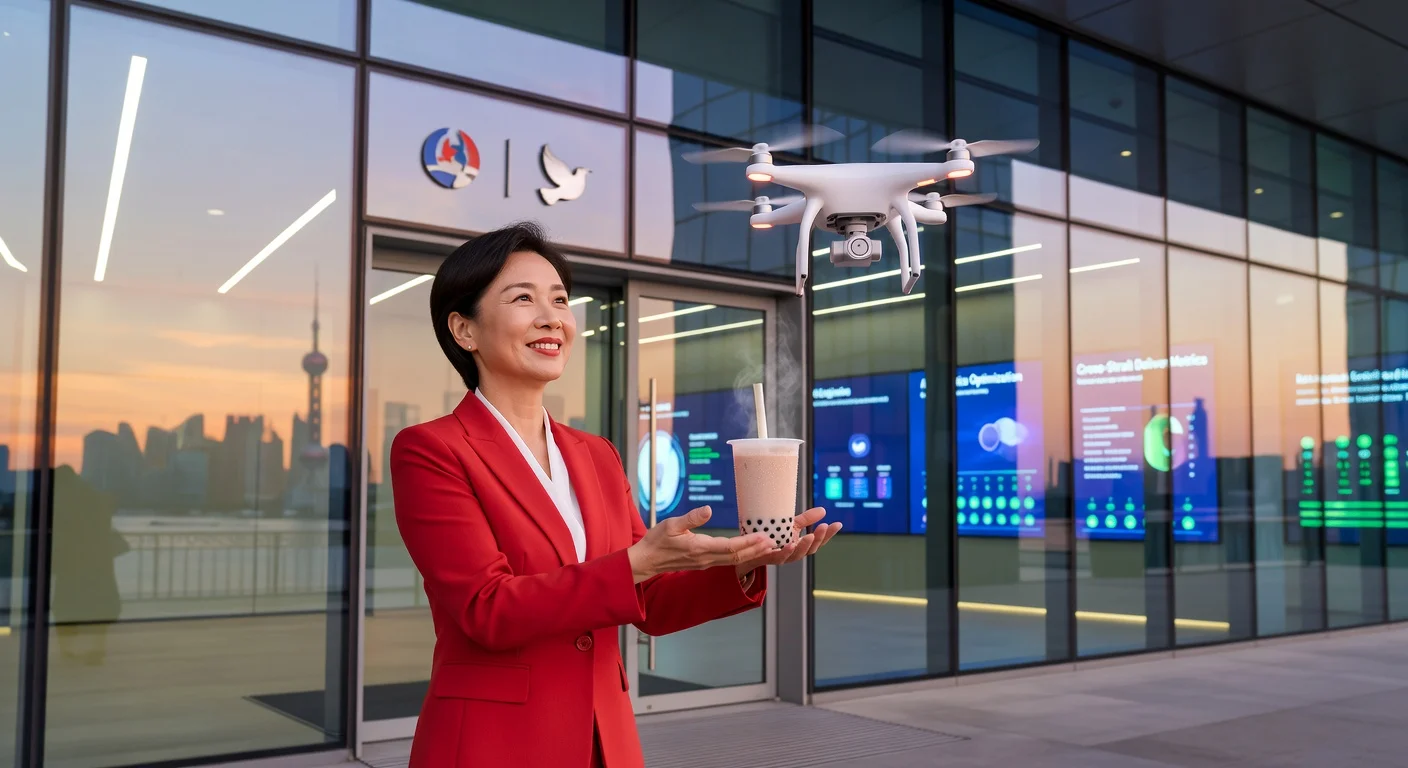 KMT chairwoman Cheng Li-wun receives drone-delivered milk tea at Meituan's Shanghai HQ, praising mainland AI advancements.