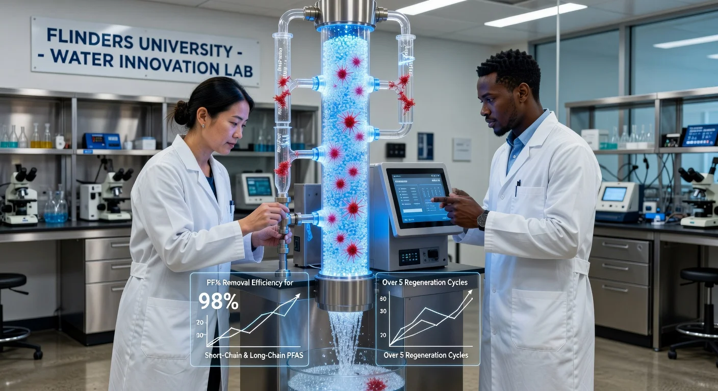 Flinders University scientists in lab testing nano-cage adsorbent that removes 98% of PFAS from water, showing filtration process with molecular capture.