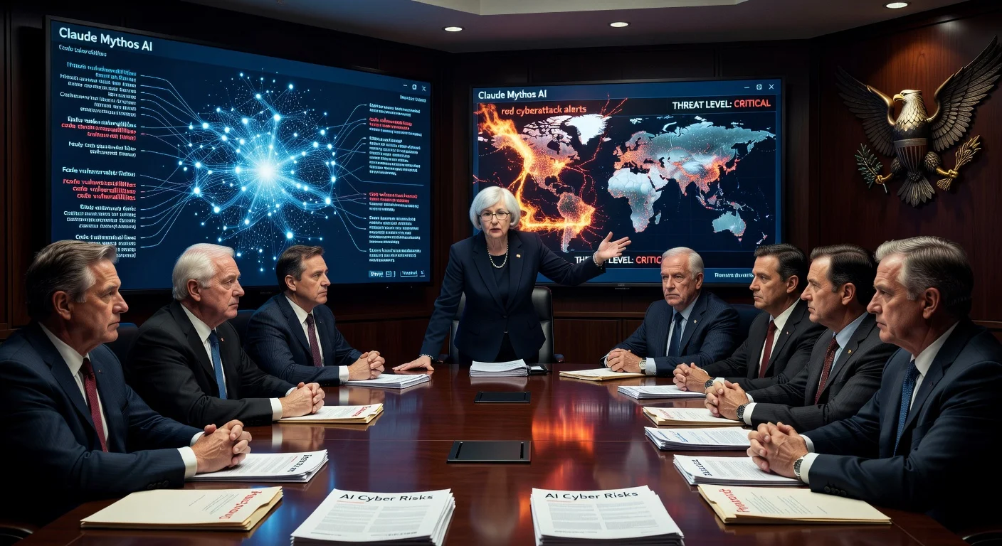 Illustration of US Treasury Secretary warning bank executives about AI cyberattack risks from Anthropic's Claude Mythos.