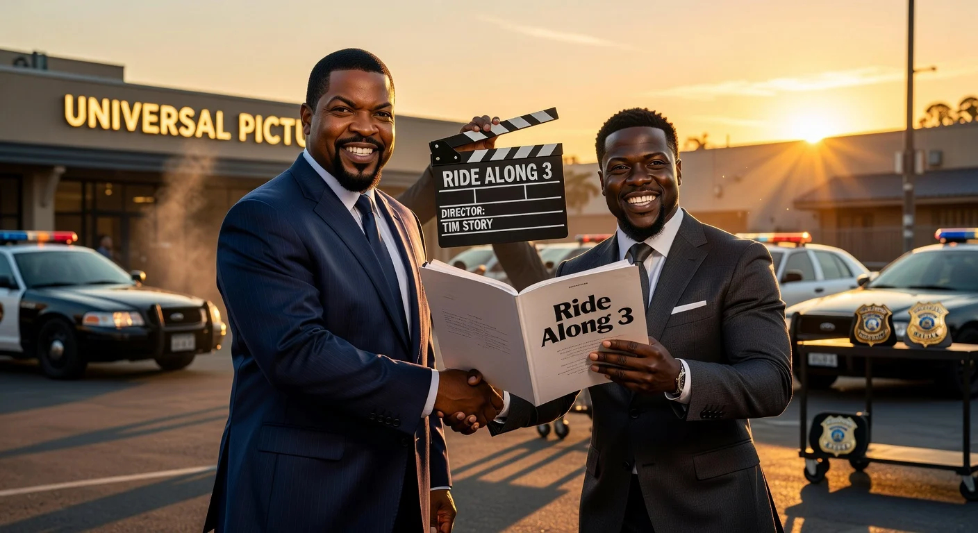 Ice Cube and Kevin Hart shaking hands over Ride Along 3 screenplay on Hollywood studio lot.