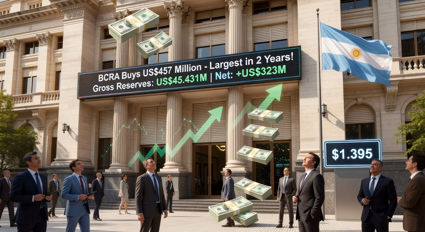 Argentina's Central Bank building with digital display announcing record US$457 million dollar purchase, rising reserves, and positive net reserves for a finance news article.