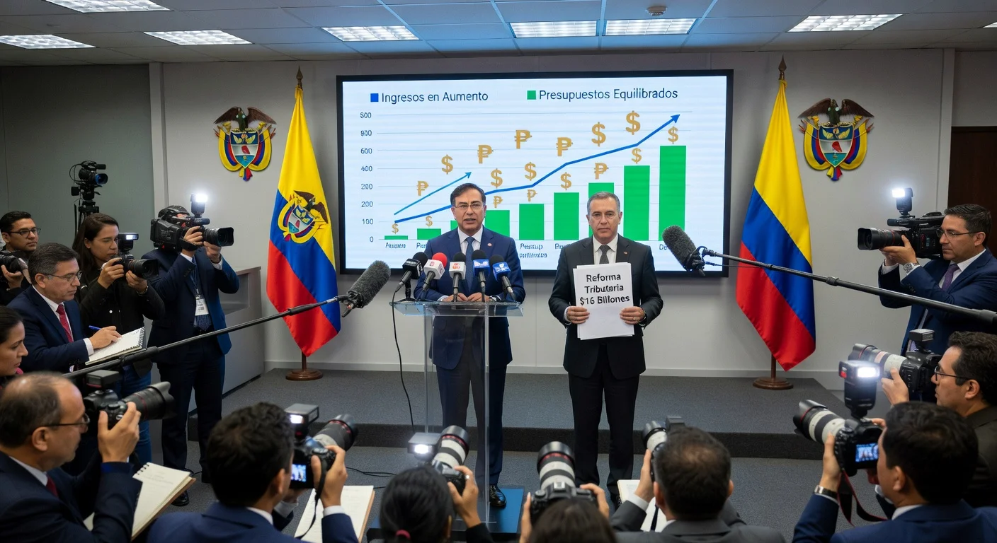 President Gustavo Petro and Finance Minister Germán Ávila announcing Colombia's $16 trillion tax reform at a press conference.