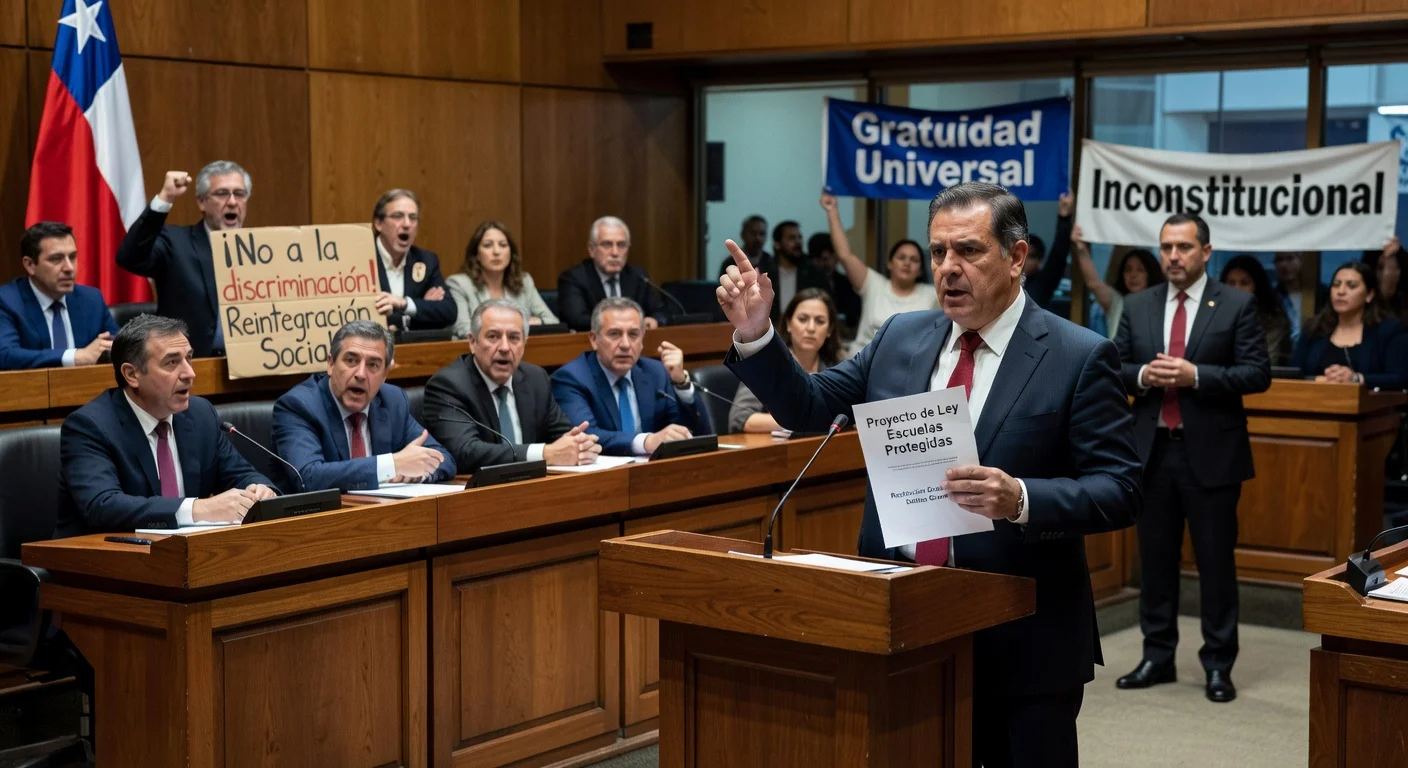 Chilean Congress debate on barring university gratuidad for serious crime convicts in Escuelas Protegidas bill.