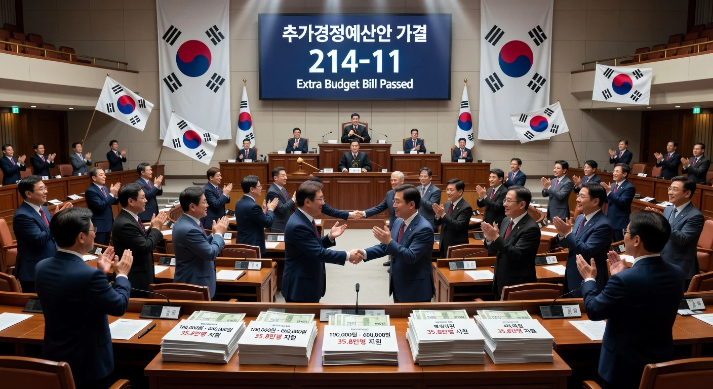 South Korean National Assembly celebrates passage of 26.2 trillion-won extra budget for Mideast conflict economic aid.