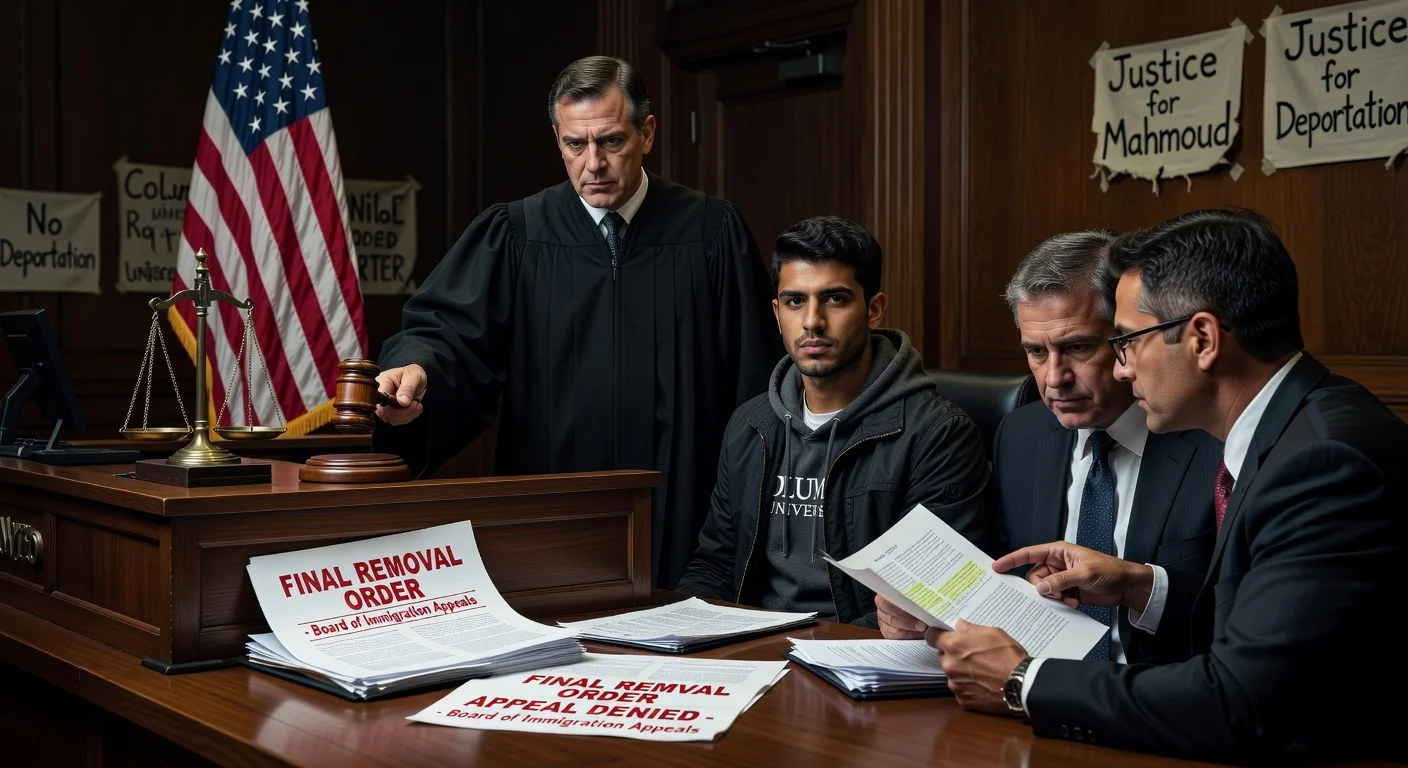 Dramatic courtroom illustration of an immigration judge issuing a final removal order against Syrian-born Columbia protest organizer Mahmoud Khalil.
