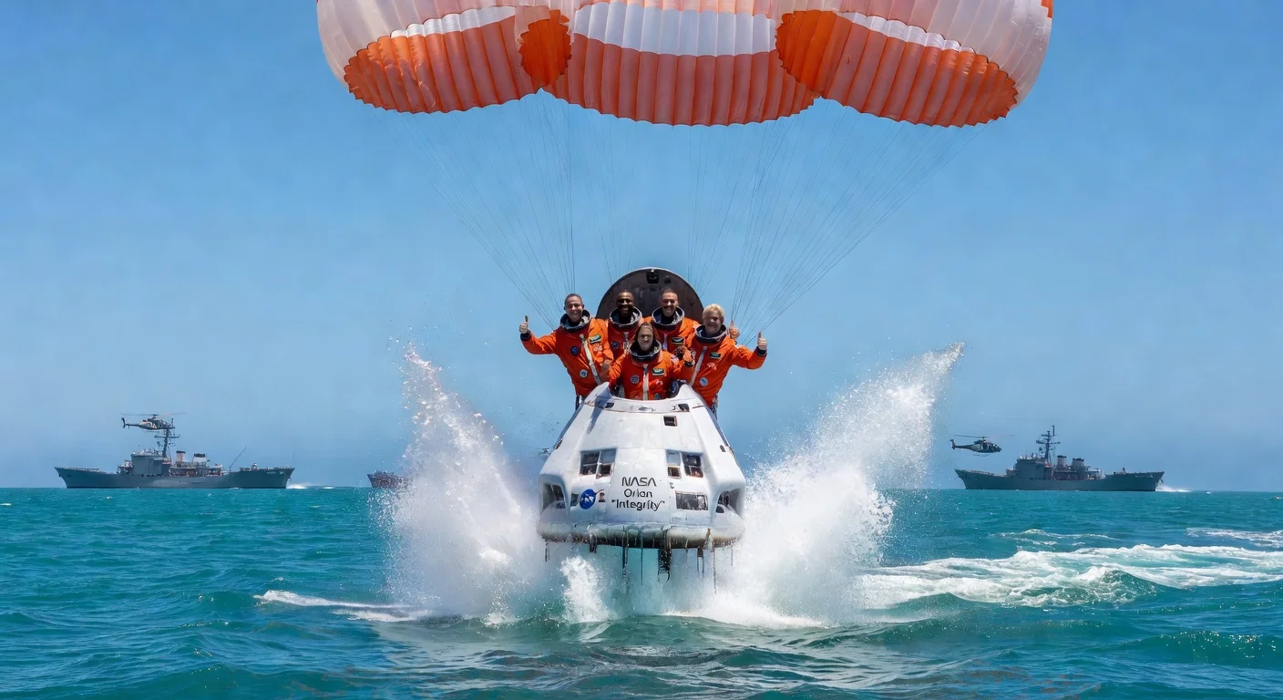 Artemis II crew splashes down safely in Pacific after moon orbit mission.