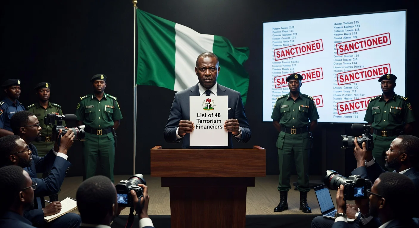 Nigerian Federal Government official announces list of 48 terrorism financiers at press conference.