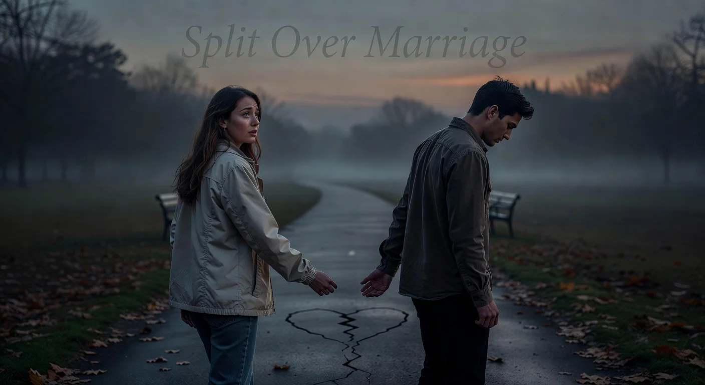 Realistic illustration depicting Abbey Romeo and David Isaacman parting ways in a park, symbolizing their breakup after five years, for a Love on the Spectrum news article.