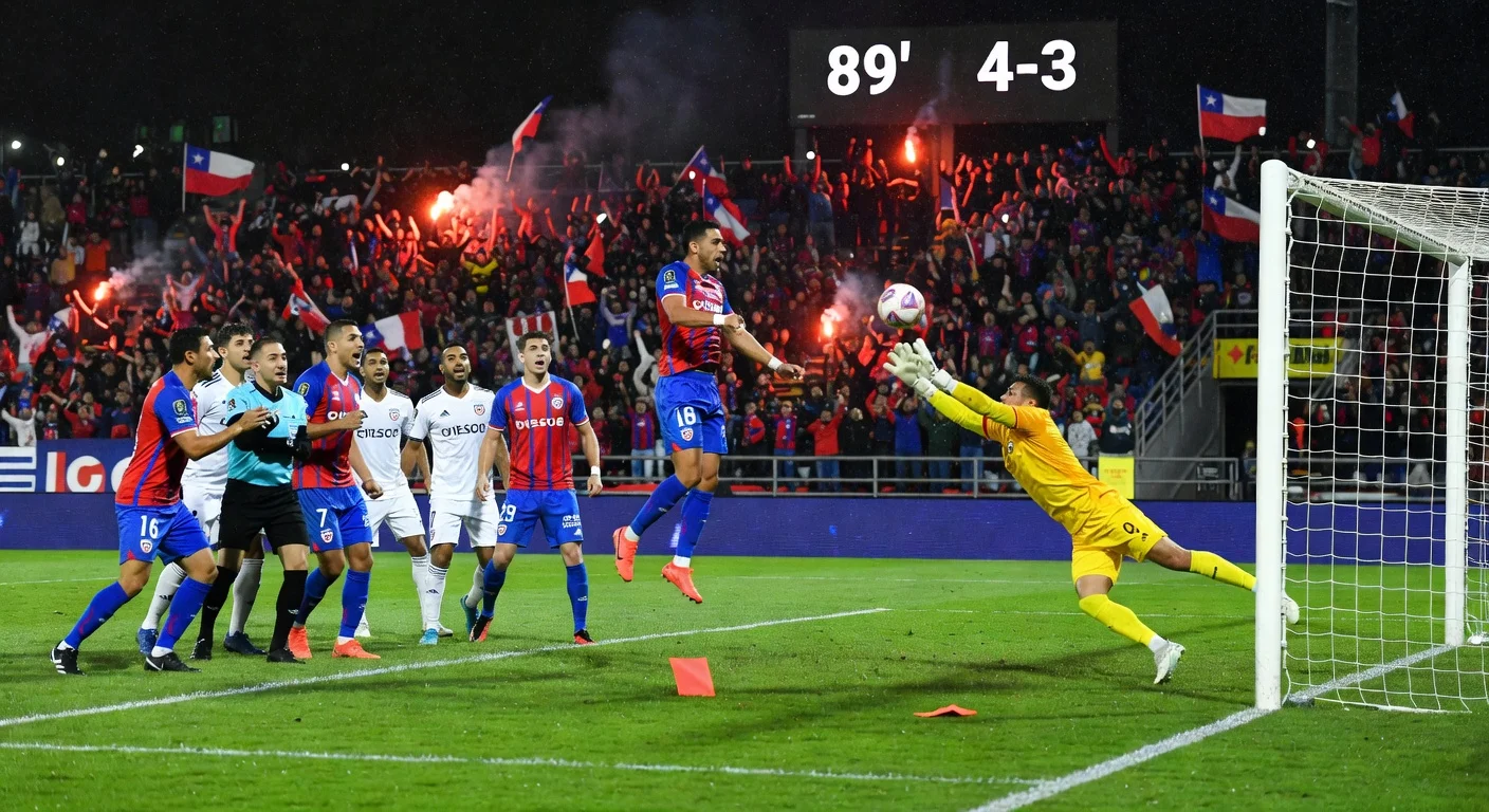 Universidad Católica player headers the 89th-minute winner in 4-3 thriller over Audax Italiano amid red cards and crowd frenzy.