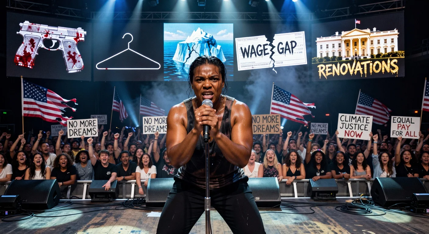 Brittany Howard of Alabama Shakes performs protest song 'American Dream' amid symbolic imagery of social issues on stage.