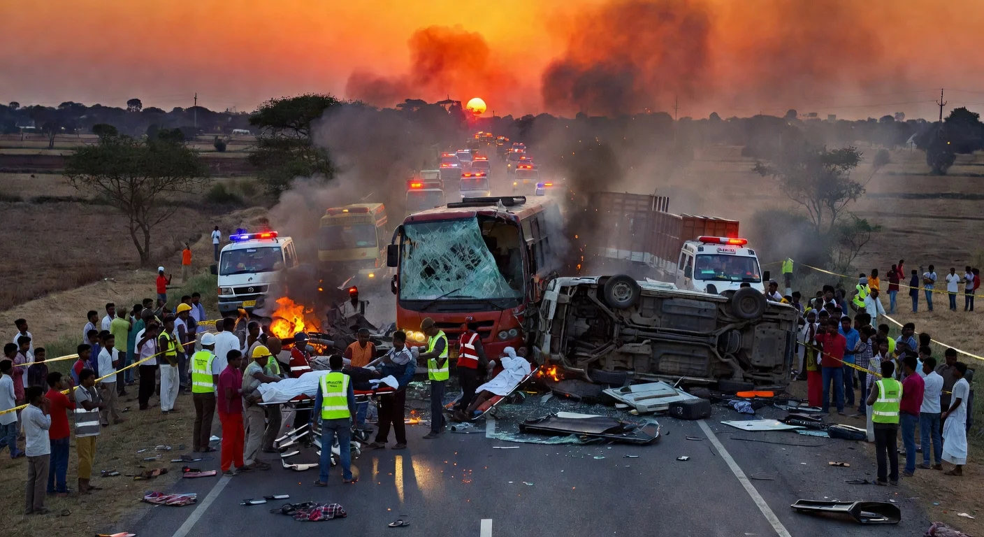 Scene from the deadly multi-vehicle crash in Katihar, Bihar, where a bus, truck, and pickup van collided, killing 13 and injuring 30.
