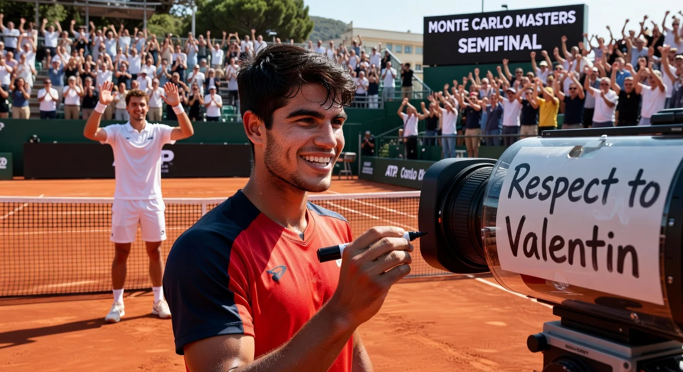 Carlos Alcaraz honors Valentin Vacherot by writing tribute on camera after Monte Carlo Masters semifinal victory amid crowd ovation.