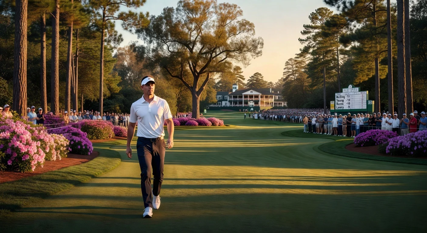 Rory McIlroy walks the fairway at Augusta National, tied for Masters lead after third-round stumble.