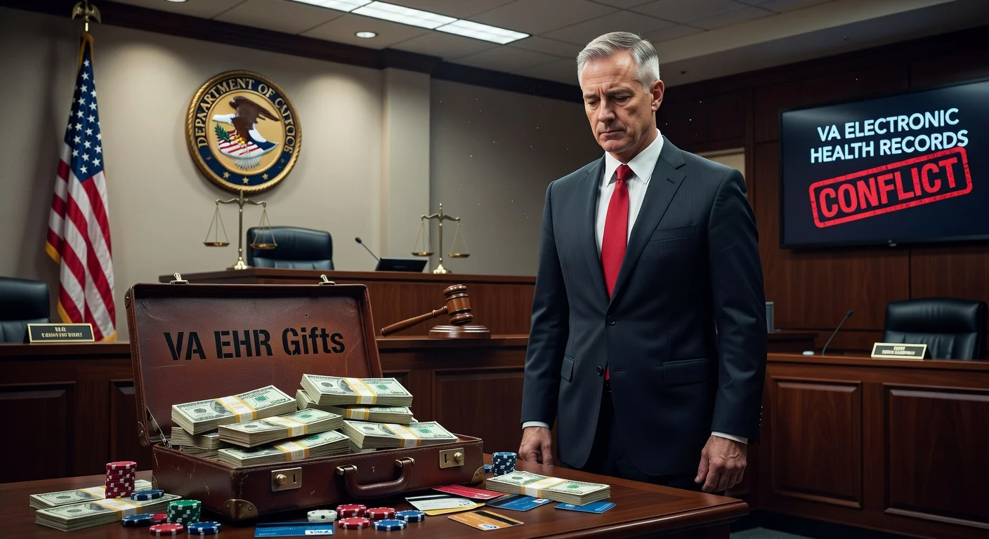 Illustration of former VA executive John Windom in court, surrounded by symbols of concealed gifts like cash, casino chips, and gift cards from contractors.