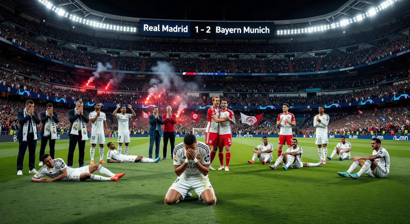 Bayern Munich players Harry Kane and Luis Díaz celebrate 2-1 Champions League quarter-final win over Real Madrid at Bernabéu, with Manuel Neuer's save and dejected Mbappé.