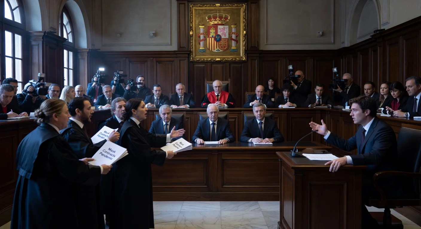 Illustration of Spain's Supreme Court trial for Koldo case: defendants Ábalos and García, witness testifying amid corruption allegations over pandemic mask contracts.