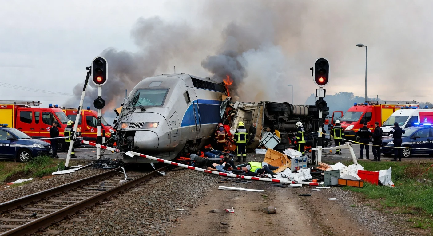 Illustration of TGV train colliding with truck at Bully-les-Mines level crossing, emergency services on scene.