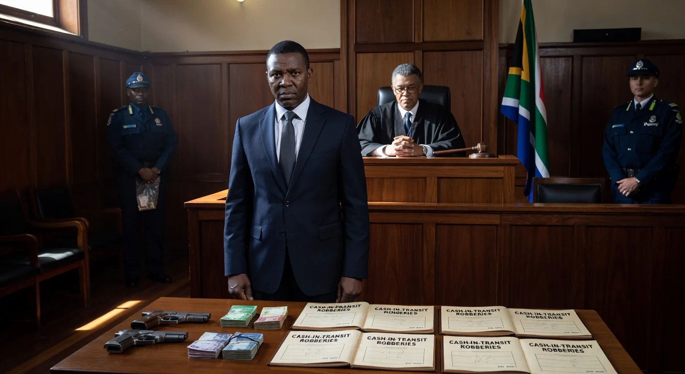 Suspended Sgt. Fannie Nkosi in Pretoria court facing charges; evidence includes firearms, cash, and robbery dockets from home raid.