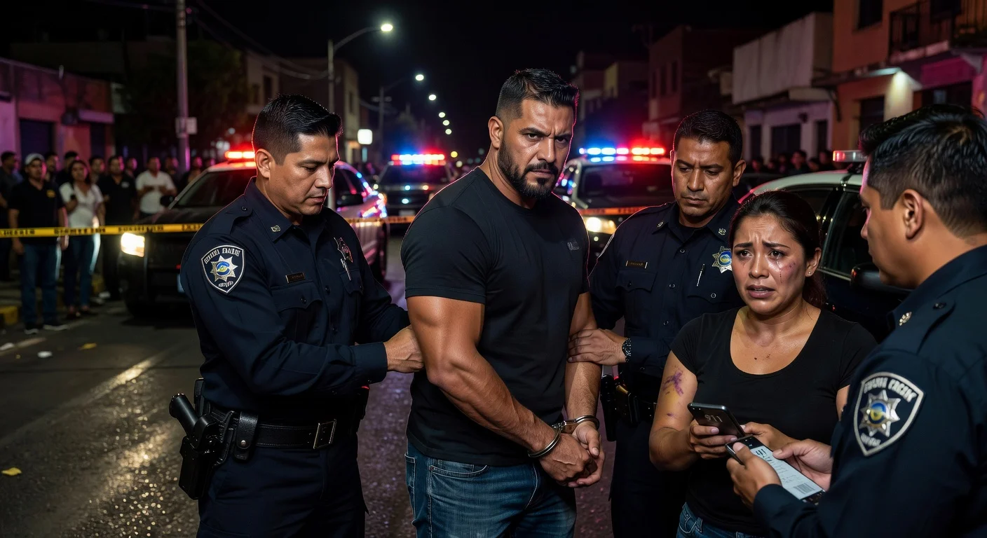 News illustration depicting the detention of wrestler Alberto ‘El Patrón’ by police in San Luis Potosí following alleged aggression against his partner.