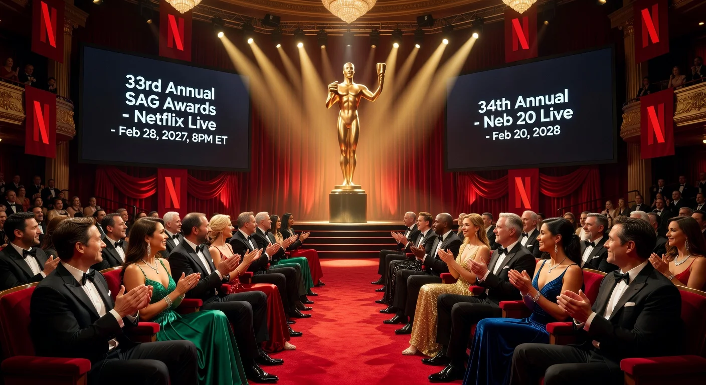 Illustration depicting the upcoming SAG-AFTRA Actor Awards ceremonies on Netflix in 2027 and 2028.