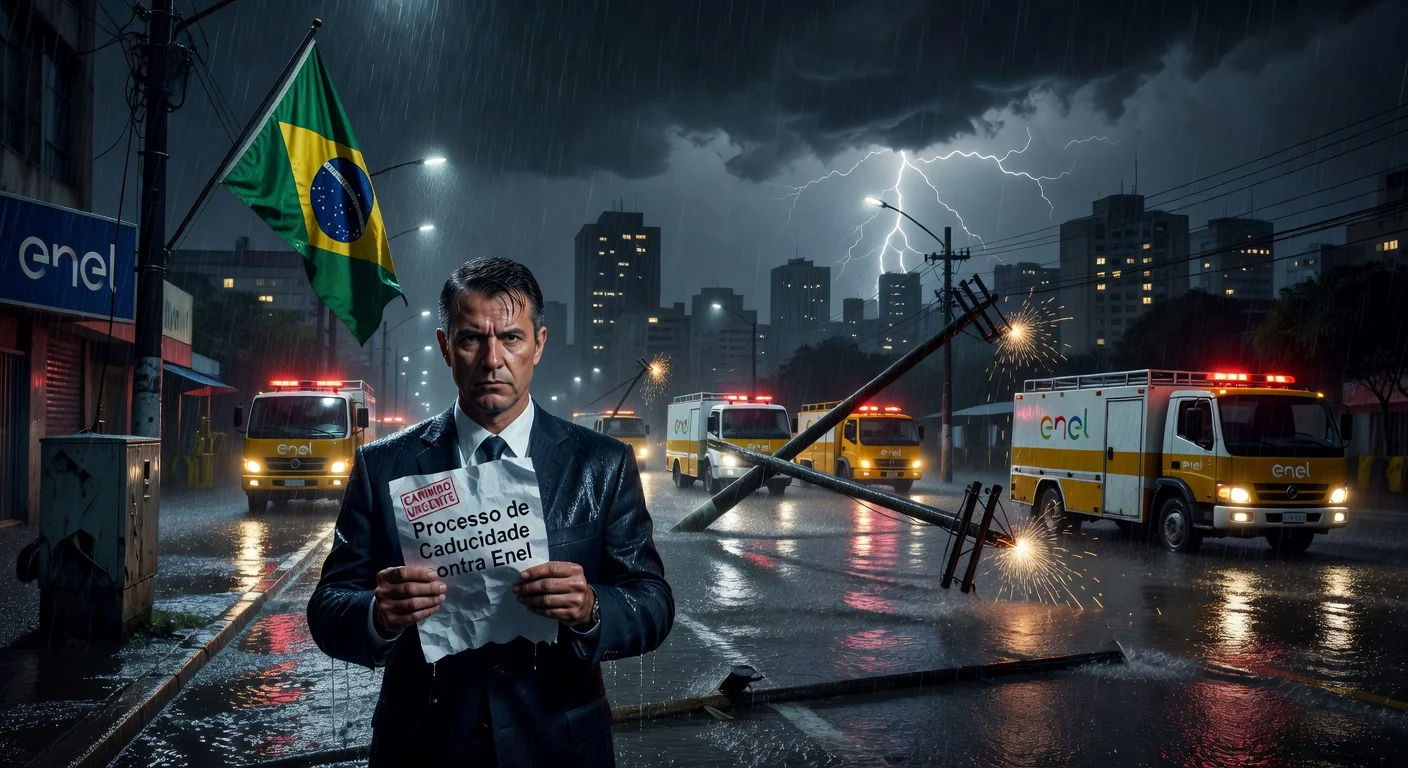 Dramatic illustration of Aneel initiating caducity process against Enel amid São Paulo blackouts from storms.
