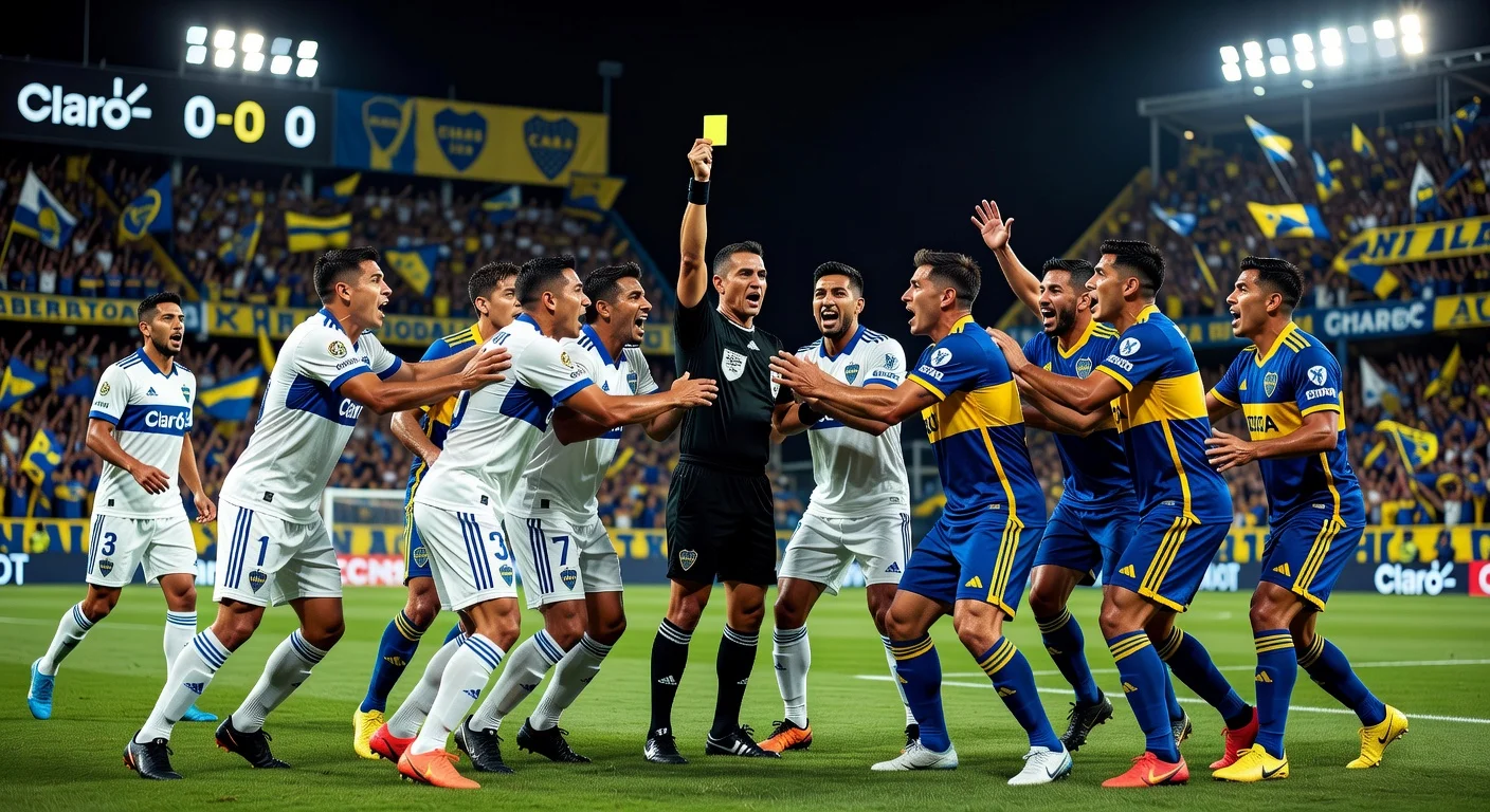 Tense early scuffle in Universidad Católica vs Boca Juniors Copa Libertadores match, referees issue yellow cards to captains.