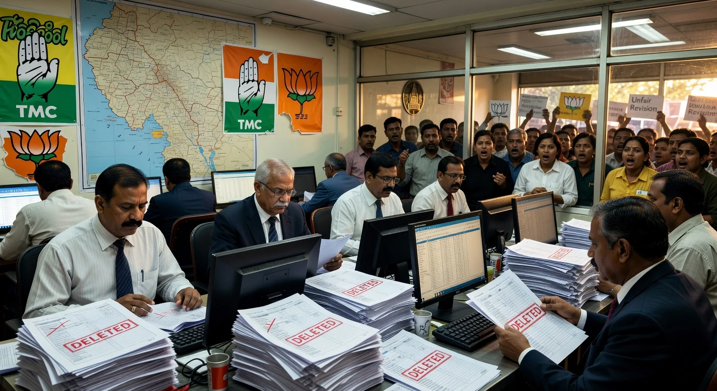 Illustration of Election Commission officials deleting 2.7 million names from West Bengal voter list amid TMC-BJP political row and Supreme Court backdrop.